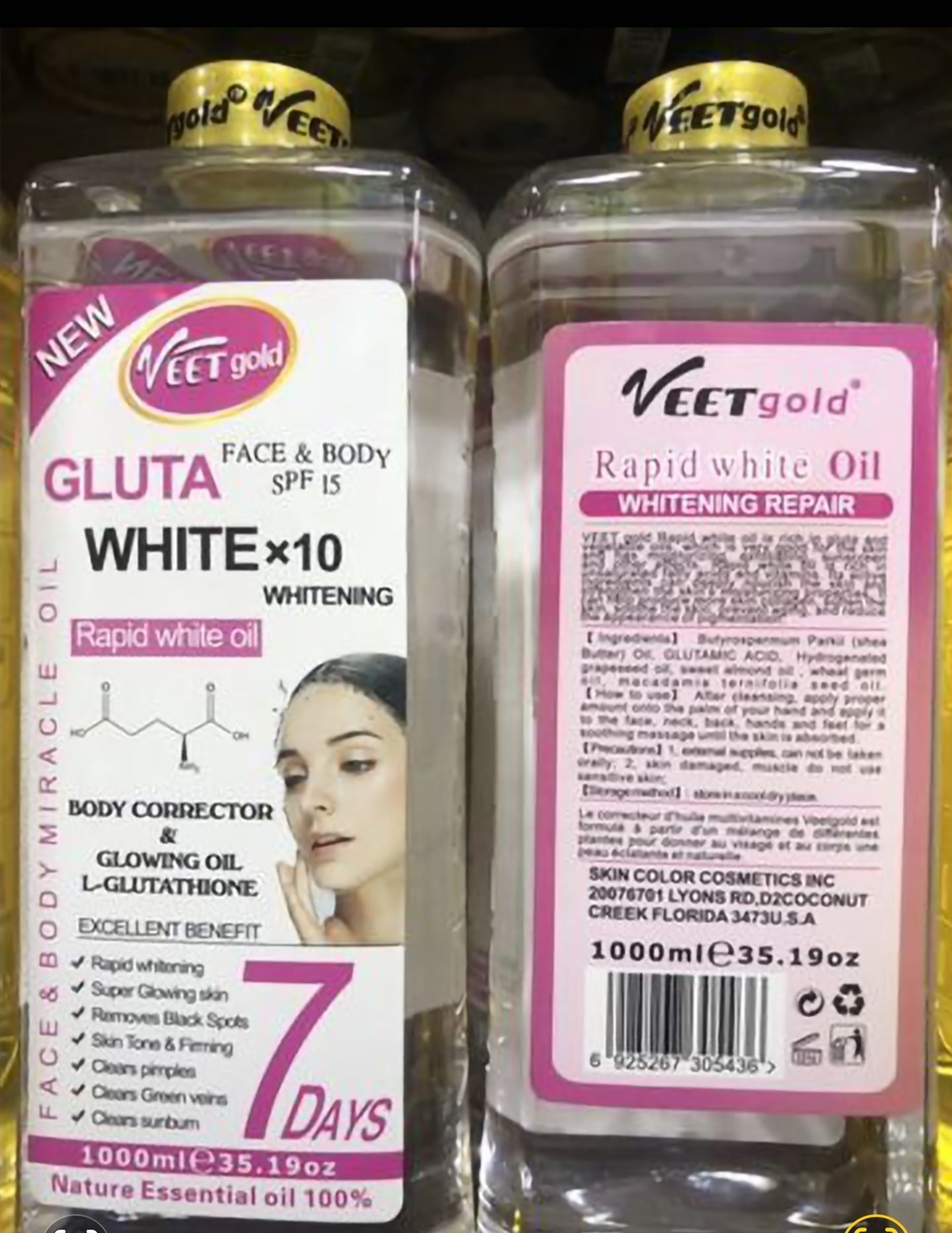 VEETGOLD GLUTA WHITE 10× WHITENING RAPID WHITE OIL 1LTR