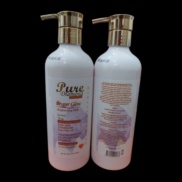 PURE DIAMOND SUPER GLOW LIGHTENING MILK LOTION with KOJIC ACID,GLUTATHIONE,ROSE HIP, LICORICE, ALPHA ARBUTIN,500ML